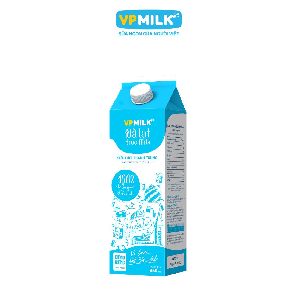 Sữa tươi thanh trùng VPMilk Đà Lạt True Milk không đường dạng hộp 950 ml