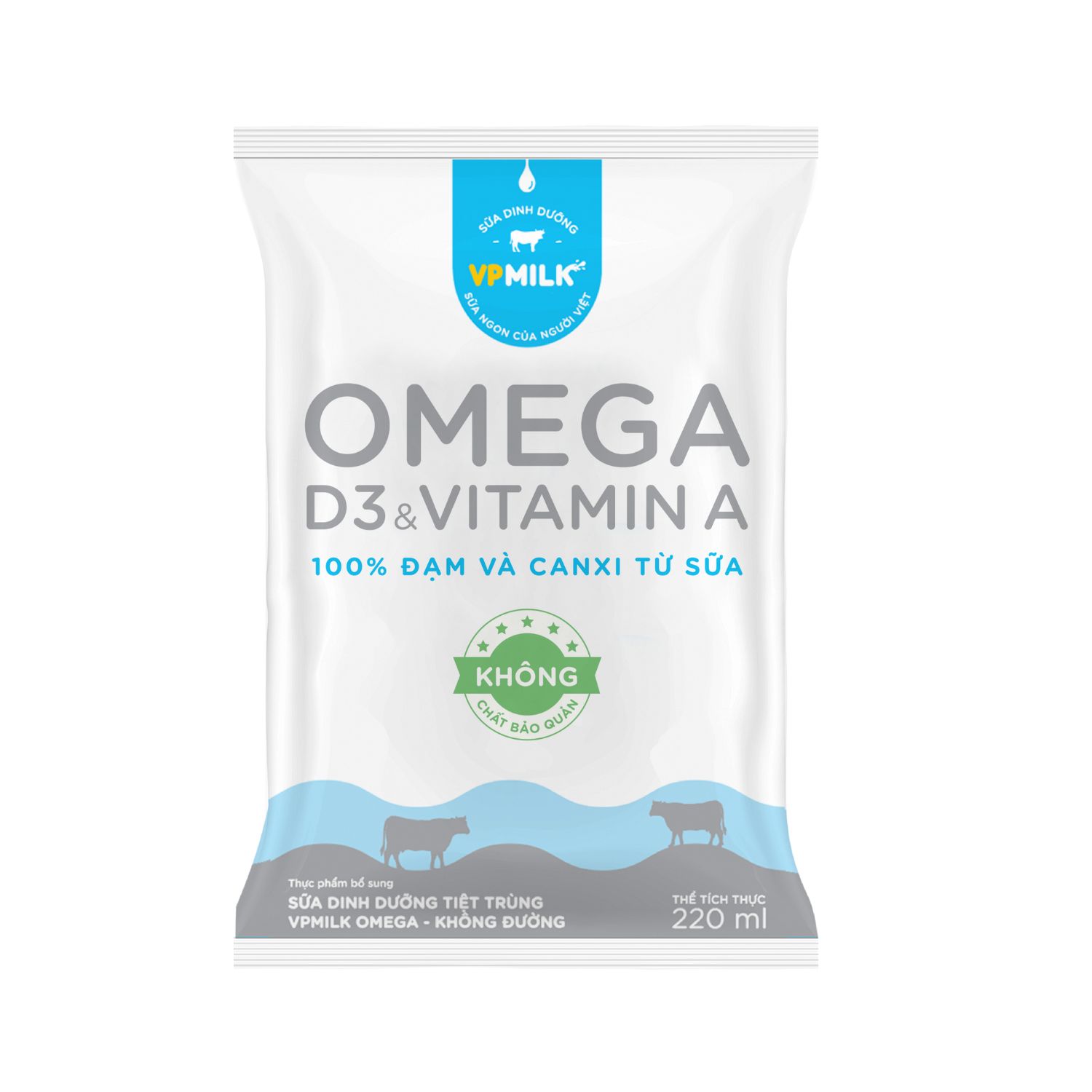 Sữa Dinh Dưỡng Tiệt Trùng VPMilk Omega Không Đường Bịch 220ml (Thùng 48 Bịch) image
