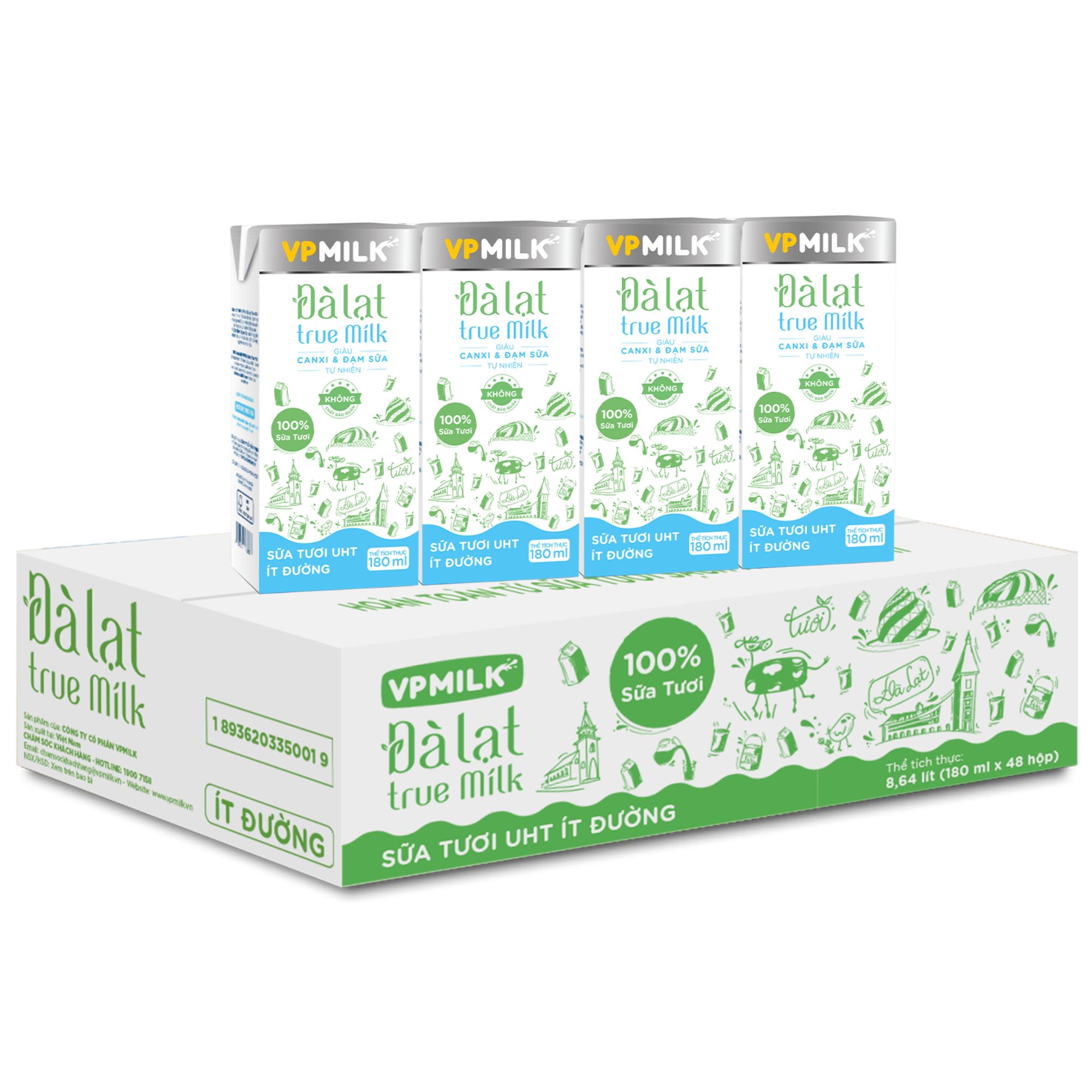 Sữa Tươi Nguyên Chất UHT Đà Lạt True Milk ít đường