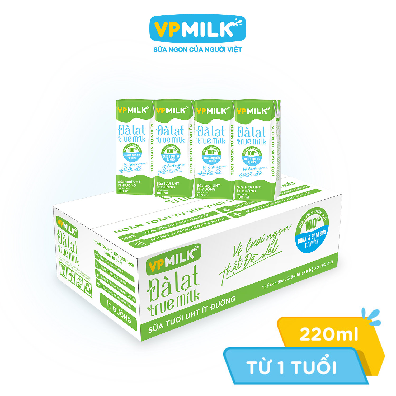 Sữa Tươi Nguyên Chất UHT Đà Lạt True Milk ít đường image