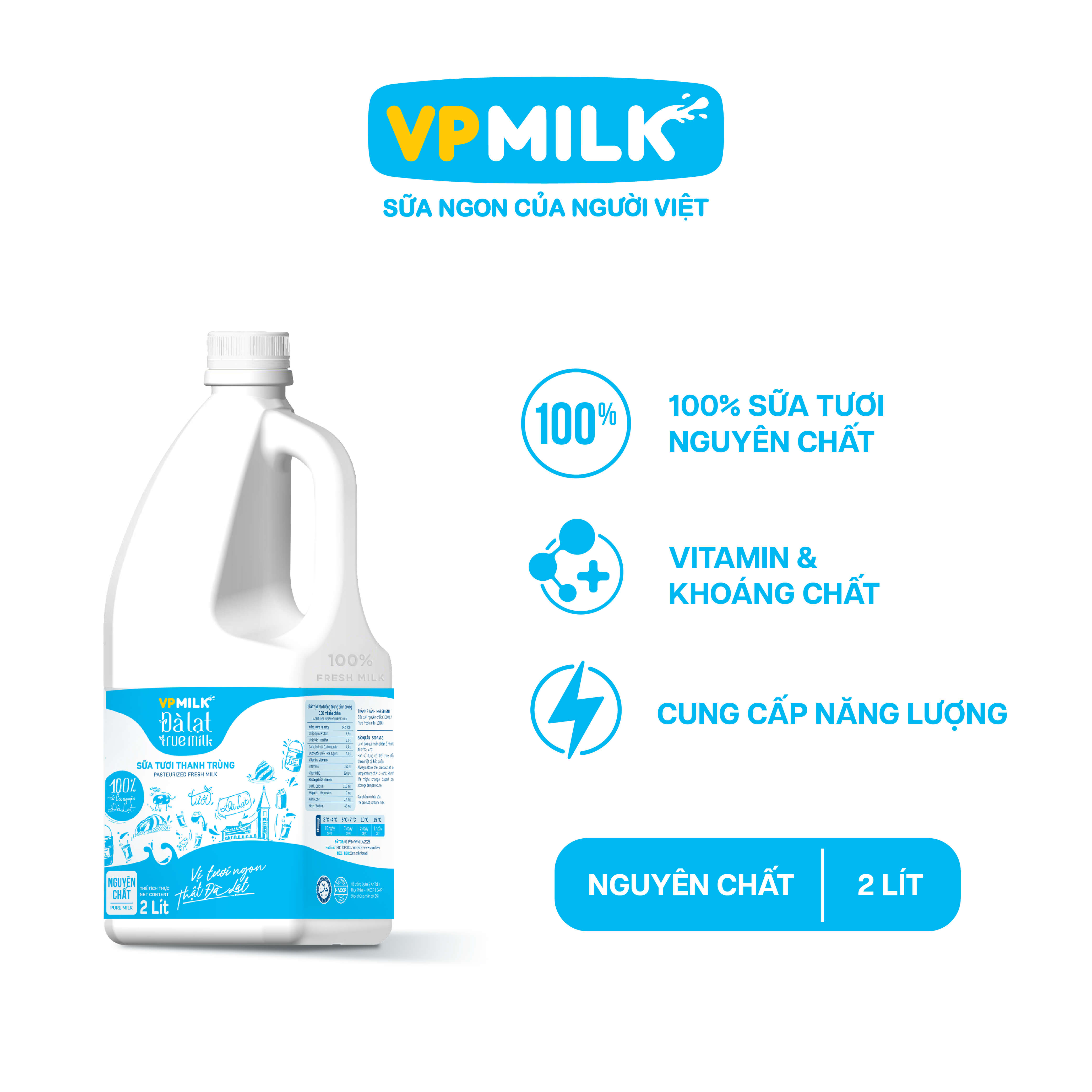 Sữa Tươi Thanh Trùng VPMILK Đà Lạt True Milk 2 Lit - Không đường