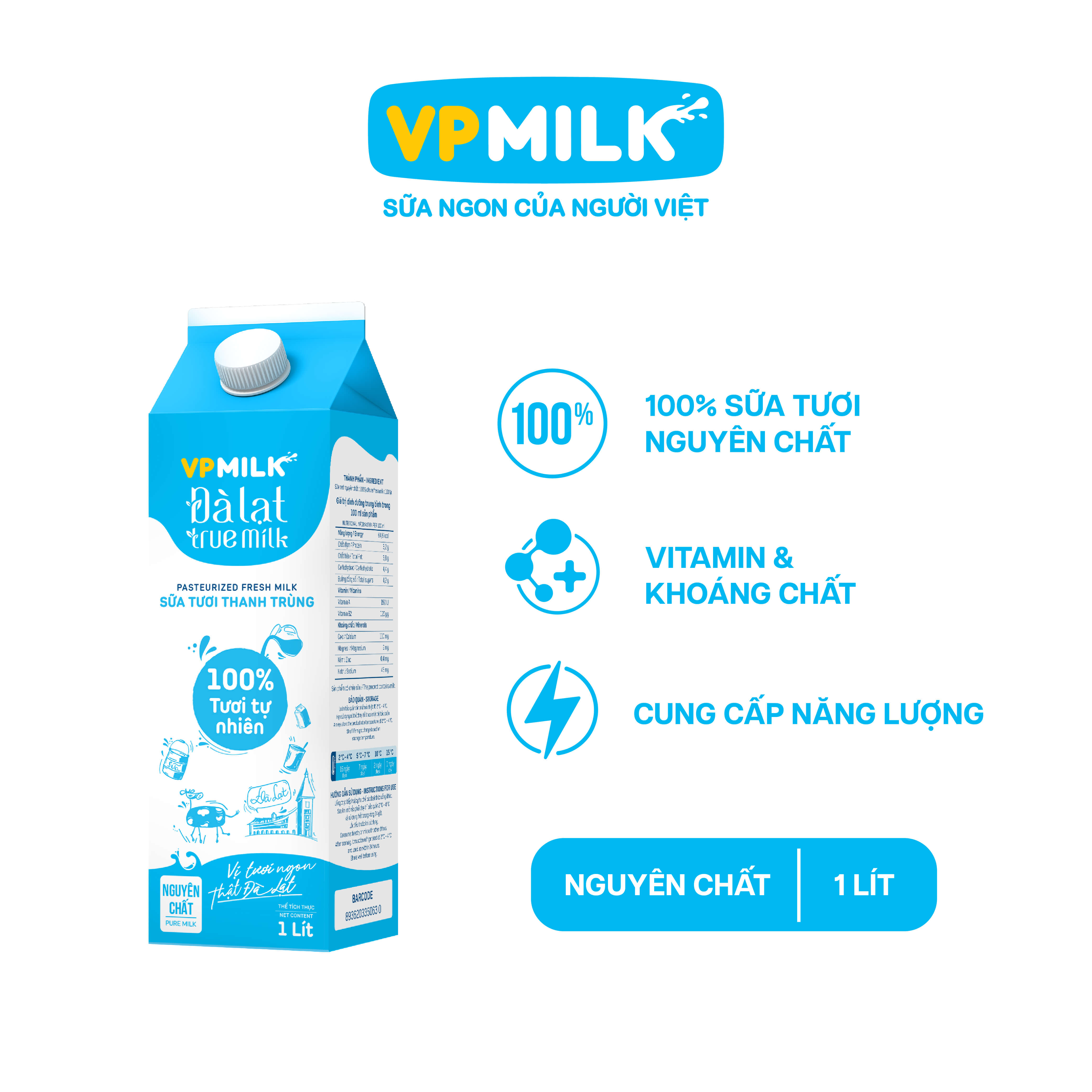 Sữa tươi thanh trùng VPMilk Đà Lạt True Milk không đường dạng hộp 950 ml