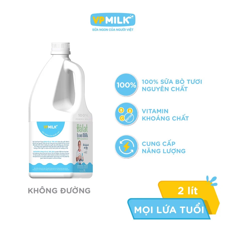 Sữa Tươi Thanh Trùng VPMILK Đà Lạt True Milk 2 Lit - Không đường image
