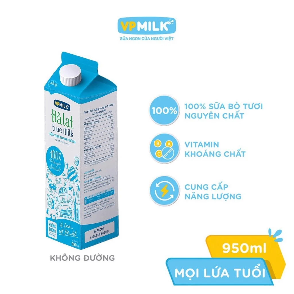Sữa tươi thanh trùng VPMilk Đà Lạt True Milk không đường dạng hộp 950 ml image